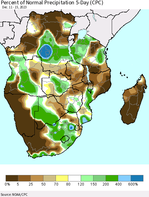 Southern Africa Percent of Normal Precipitation 5-Day (CPC) Thematic Map For 12/11/2023 - 12/15/2023