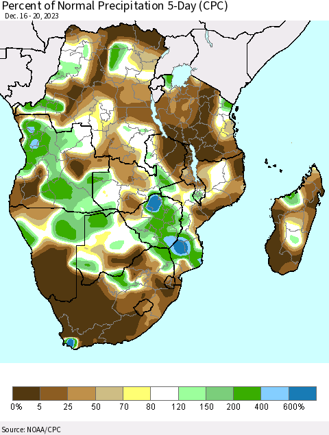 Southern Africa Percent of Normal Precipitation 5-Day (CPC) Thematic Map For 12/16/2023 - 12/20/2023