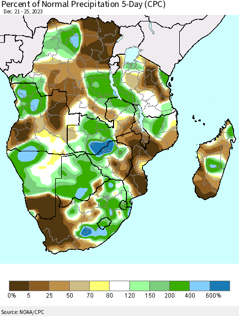 Southern Africa Percent of Normal Precipitation 5-Day (CPC) Thematic Map For 12/21/2023 - 12/25/2023