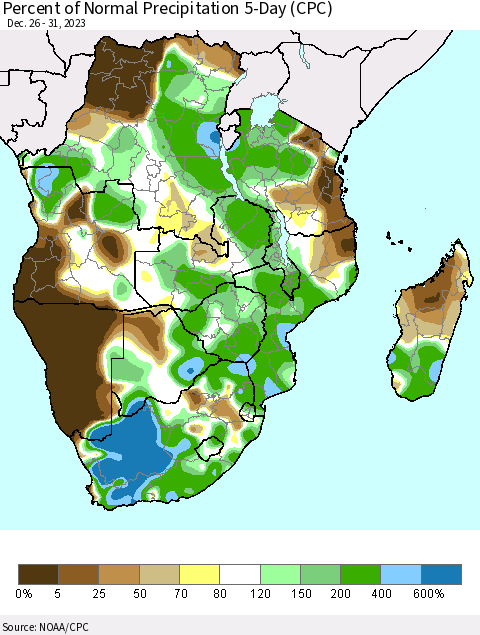 Southern Africa Percent of Normal Precipitation 5-Day (CPC) Thematic Map For 12/26/2023 - 12/31/2023