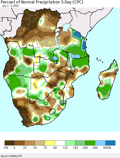 Southern Africa Percent of Normal Precipitation 5-Day (CPC) Thematic Map For 1/1/2024 - 1/5/2024