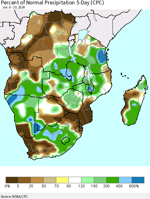 Southern Africa Percent of Normal Precipitation 5-Day (CPC) Thematic Map For 1/6/2024 - 1/10/2024