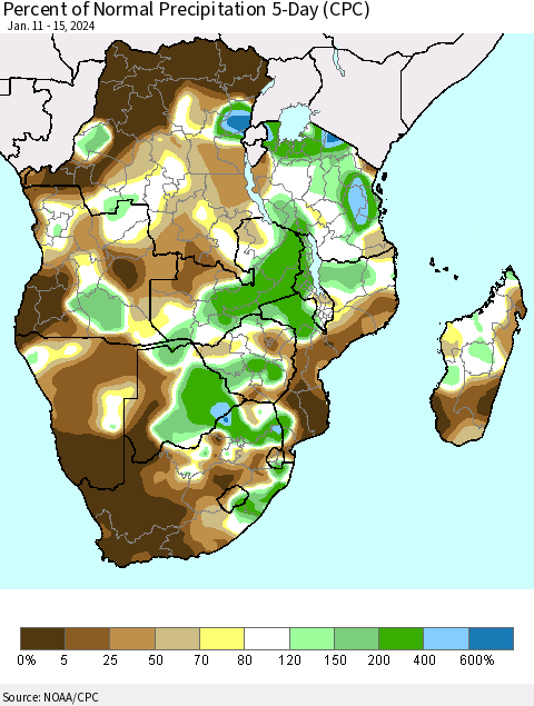 Southern Africa Percent of Normal Precipitation 5-Day (CPC) Thematic Map For 1/11/2024 - 1/15/2024