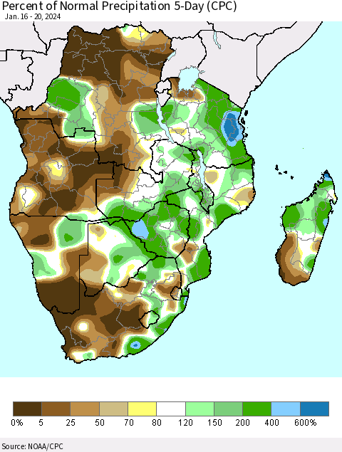 Southern Africa Percent of Normal Precipitation 5-Day (CPC) Thematic Map For 1/16/2024 - 1/20/2024