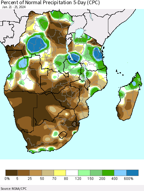 Southern Africa Percent of Normal Precipitation 5-Day (CPC) Thematic Map For 1/21/2024 - 1/25/2024