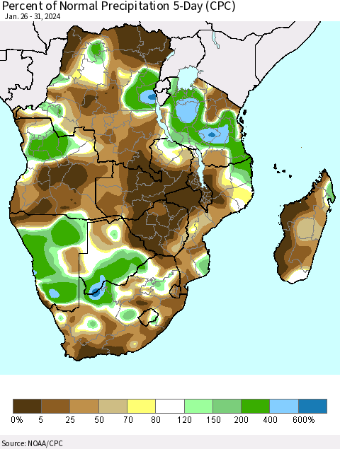Southern Africa Percent of Normal Precipitation 5-Day (CPC) Thematic Map For 1/26/2024 - 1/31/2024