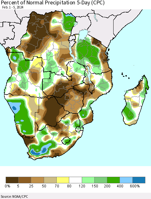 Southern Africa Percent of Normal Precipitation 5-Day (CPC) Thematic Map For 2/1/2024 - 2/5/2024
