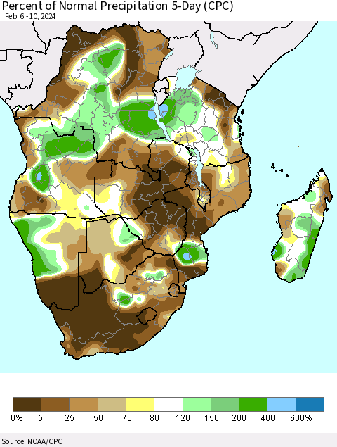 Southern Africa Percent of Normal Precipitation 5-Day (CPC) Thematic Map For 2/6/2024 - 2/10/2024
