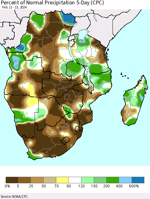 Southern Africa Percent of Normal Precipitation 5-Day (CPC) Thematic Map For 2/11/2024 - 2/15/2024