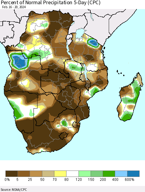 Southern Africa Percent of Normal Precipitation 5-Day (CPC) Thematic Map For 2/16/2024 - 2/20/2024