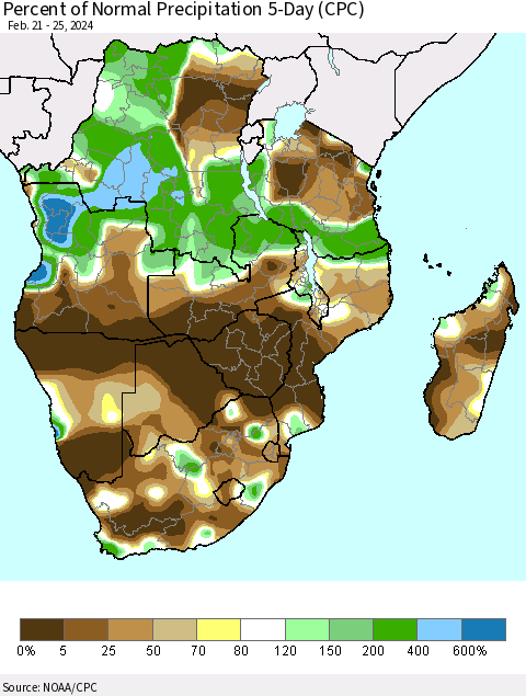 Southern Africa Percent of Normal Precipitation 5-Day (CPC) Thematic Map For 2/21/2024 - 2/25/2024