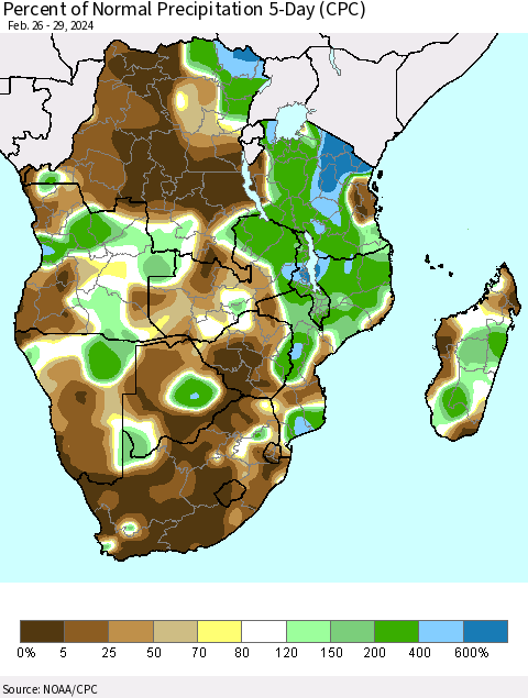Southern Africa Percent of Normal Precipitation 5-Day (CPC) Thematic Map For 2/26/2024 - 2/29/2024