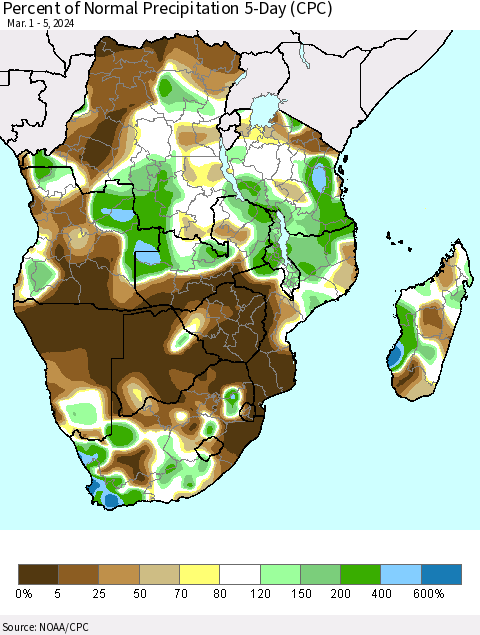 Southern Africa Percent of Normal Precipitation 5-Day (CPC) Thematic Map For 3/1/2024 - 3/5/2024