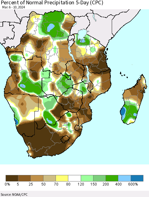 Southern Africa Percent of Normal Precipitation 5-Day (CPC) Thematic Map For 3/6/2024 - 3/10/2024