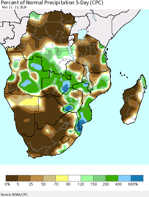 Southern Africa Percent of Normal Precipitation 5-Day (CPC) Thematic Map For 3/11/2024 - 3/15/2024