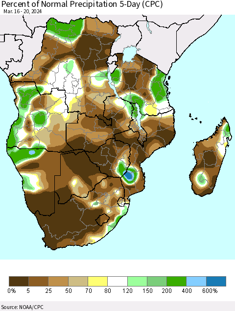 Southern Africa Percent of Normal Precipitation 5-Day (CPC) Thematic Map For 3/16/2024 - 3/20/2024