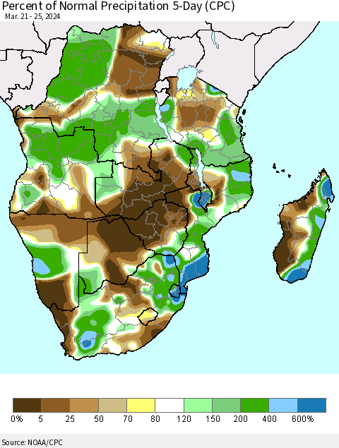 Southern Africa Percent of Normal Precipitation 5-Day (CPC) Thematic Map For 3/21/2024 - 3/25/2024