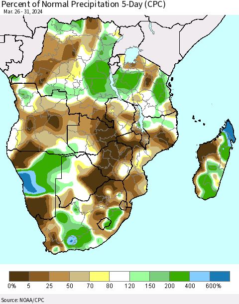 Southern Africa Percent of Normal Precipitation 5-Day (CPC) Thematic Map For 3/26/2024 - 3/31/2024