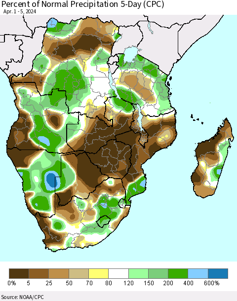 Southern Africa Percent of Normal Precipitation 5-Day (CPC) Thematic Map For 4/1/2024 - 4/5/2024