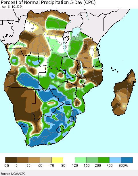 Southern Africa Percent of Normal Precipitation 5-Day (CPC) Thematic Map For 4/6/2024 - 4/10/2024