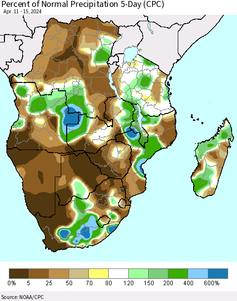 Southern Africa Percent of Normal Precipitation 5-Day (CPC) Thematic Map For 4/11/2024 - 4/15/2024