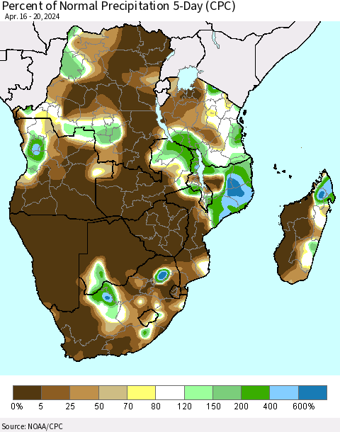 Southern Africa Percent of Normal Precipitation 5-Day (CPC) Thematic Map For 4/16/2024 - 4/20/2024