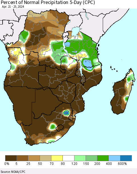 Southern Africa Percent of Normal Precipitation 5-Day (CPC) Thematic Map For 4/21/2024 - 4/25/2024