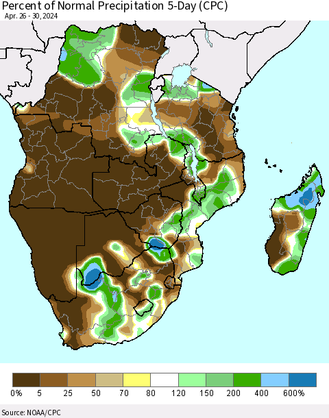 Southern Africa Percent of Normal Precipitation 5-Day (CPC) Thematic Map For 4/26/2024 - 4/30/2024