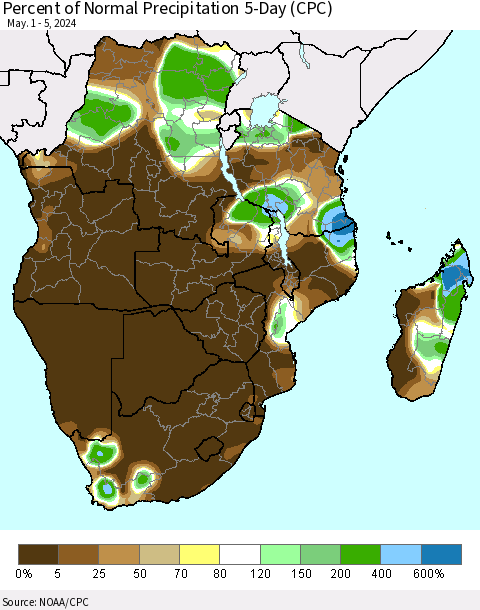 Southern Africa Percent of Normal Precipitation 5-Day (CPC) Thematic Map For 5/1/2024 - 5/5/2024