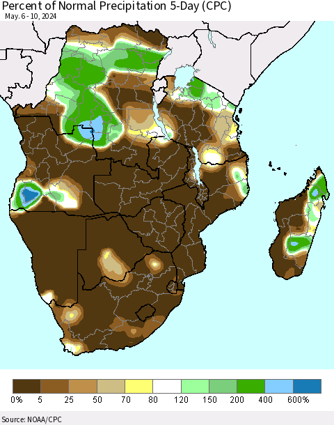Southern Africa Percent of Normal Precipitation 5-Day (CPC) Thematic Map For 5/6/2024 - 5/10/2024