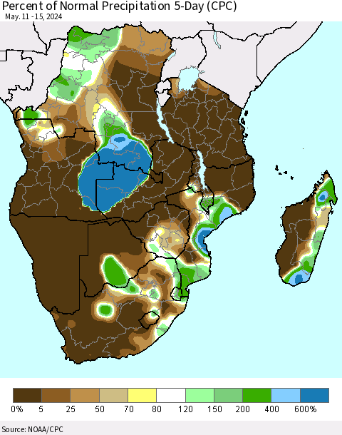 Southern Africa Percent of Normal Precipitation 5-Day (CPC) Thematic Map For 5/11/2024 - 5/15/2024