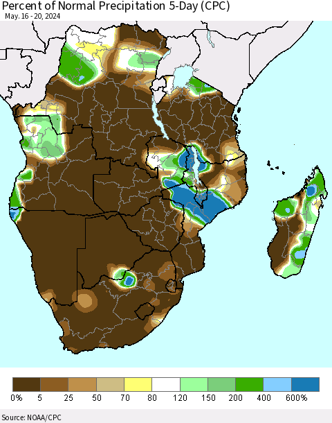 Southern Africa Percent of Normal Precipitation 5-Day (CPC) Thematic Map For 5/16/2024 - 5/20/2024