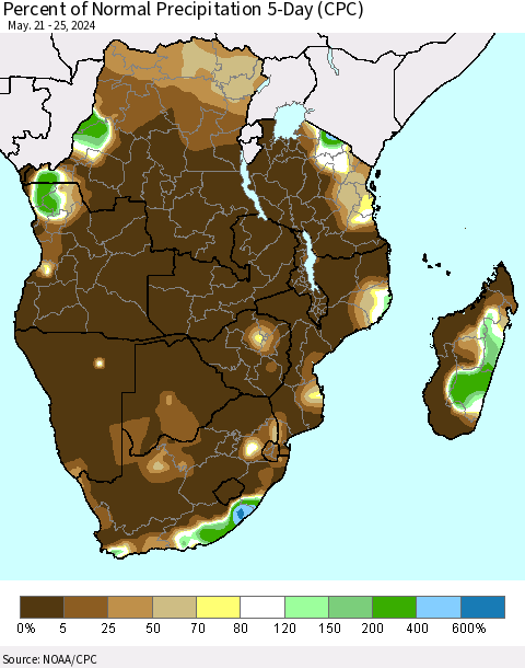 Southern Africa Percent of Normal Precipitation 5-Day (CPC) Thematic Map For 5/21/2024 - 5/25/2024
