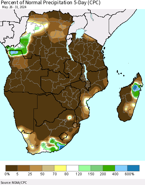 Southern Africa Percent of Normal Precipitation 5-Day (CPC) Thematic Map For 5/26/2024 - 5/31/2024