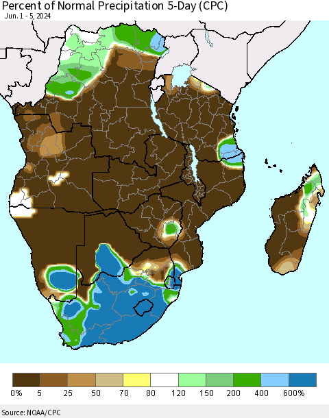 Southern Africa Percent of Normal Precipitation 5-Day (CPC) Thematic Map For 6/1/2024 - 6/5/2024