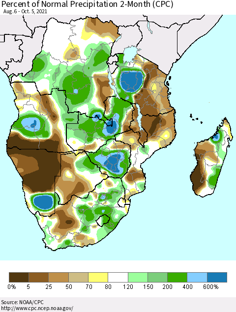 Southern Africa Percent of Normal Precipitation 2-Month (CPC) Thematic Map For 8/6/2021 - 10/5/2021