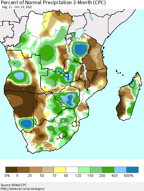 Southern Africa Percent of Normal Precipitation 2-Month (CPC) Thematic Map For 8/11/2021 - 10/10/2021