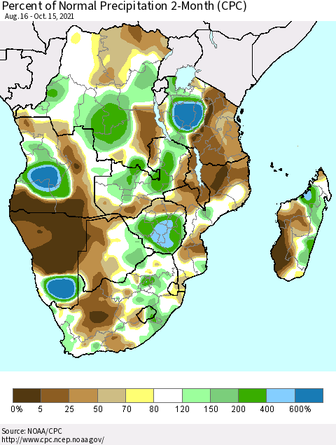 Southern Africa Percent of Normal Precipitation 2-Month (CPC) Thematic Map For 8/16/2021 - 10/15/2021