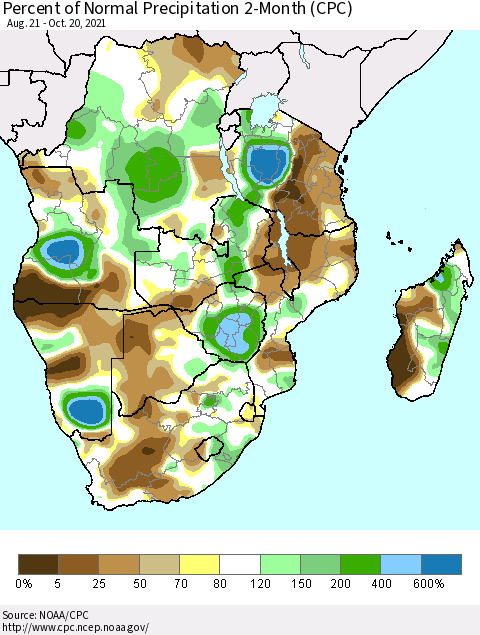 Southern Africa Percent of Normal Precipitation 2-Month (CPC) Thematic Map For 8/21/2021 - 10/20/2021