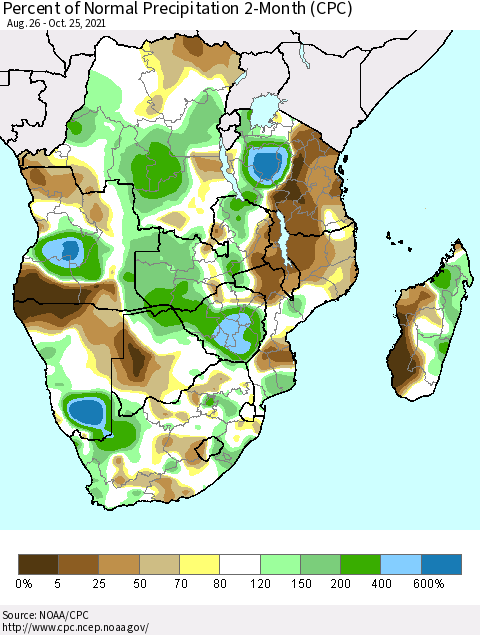 Southern Africa Percent of Normal Precipitation 2-Month (CPC) Thematic Map For 8/26/2021 - 10/25/2021