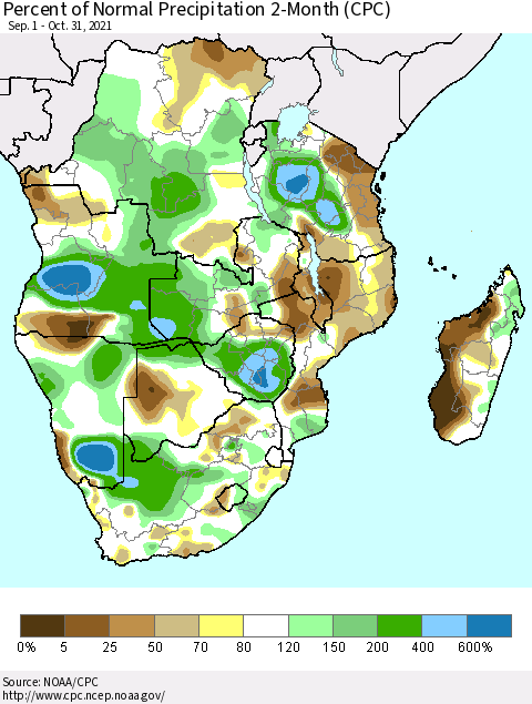 Southern Africa Percent of Normal Precipitation 2-Month (CPC) Thematic Map For 9/1/2021 - 10/31/2021