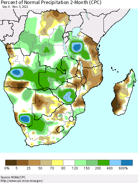 Southern Africa Percent of Normal Precipitation 2-Month (CPC) Thematic Map For 9/6/2021 - 11/5/2021