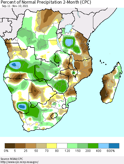Southern Africa Percent of Normal Precipitation 2-Month (CPC) Thematic Map For 9/11/2021 - 11/10/2021