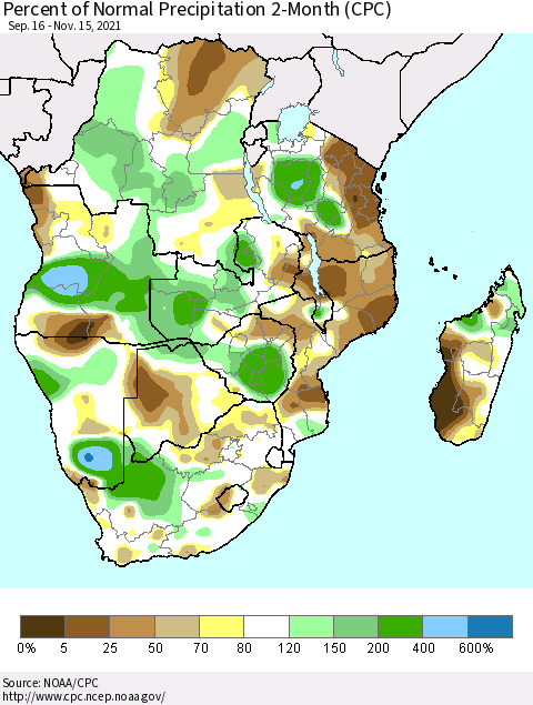 Southern Africa Percent of Normal Precipitation 2-Month (CPC) Thematic Map For 9/16/2021 - 11/15/2021