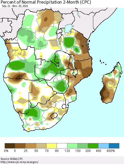 Southern Africa Percent of Normal Precipitation 2-Month (CPC) Thematic Map For 9/21/2021 - 11/20/2021