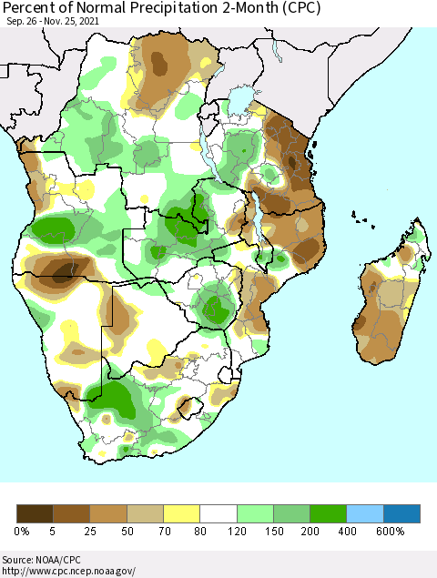 Southern Africa Percent of Normal Precipitation 2-Month (CPC) Thematic Map For 9/26/2021 - 11/25/2021