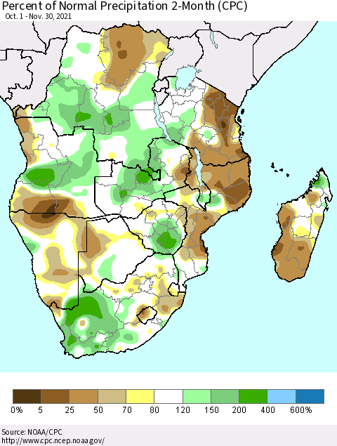 Southern Africa Percent of Normal Precipitation 2-Month (CPC) Thematic Map For 10/1/2021 - 11/30/2021