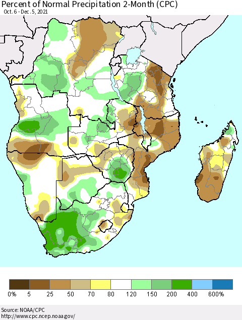 Southern Africa Percent of Normal Precipitation 2-Month (CPC) Thematic Map For 10/6/2021 - 12/5/2021
