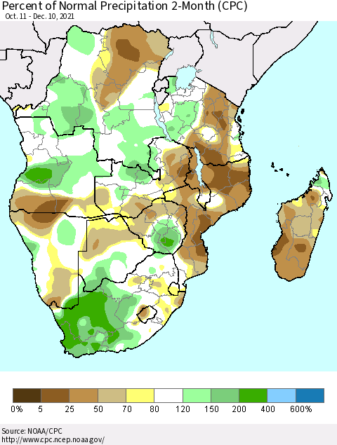 Southern Africa Percent of Normal Precipitation 2-Month (CPC) Thematic Map For 10/11/2021 - 12/10/2021