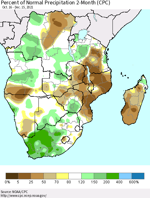 Southern Africa Percent of Normal Precipitation 2-Month (CPC) Thematic Map For 10/16/2021 - 12/15/2021